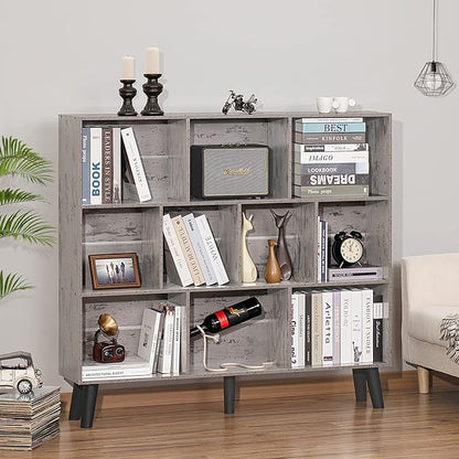 LEYAOYAO 10 Cube Bookshelf,3 Tier Modern Wide Bookcase with Legs,Mid-Century Wood Bookshelves Storage，Retro Grey Large Book Case,Freestanding Organizer Display Shelf for Bedroom,Living Room,Office