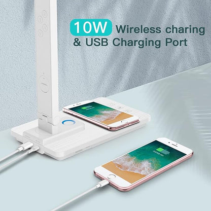 LAOPAO LED Desk Lamp with Wireless Charger, USB Charging Port, Sliding Dimmable Auto Timer Table Lamp with Night Light, Desk Lights with Clock for Study Reading Home Office