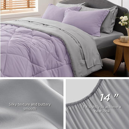 Bedsure Light Purple Queen Comforter Set - 7 Pieces Reversible Queen Bed in a Bag, Queen Bed Set Light Purple and Grey with Comforters, Sheets, Pillowcases & Shams