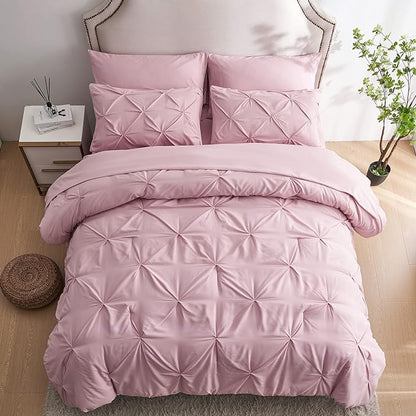 Ubauba 7pc King Size Comforter Set with Sheets, Blush 7 Piece Pintuck Bed in a Bag with Comforters and Sheets, Soft Fluffy Pinch Pleat Bedding Sets for Women (Pink,King)