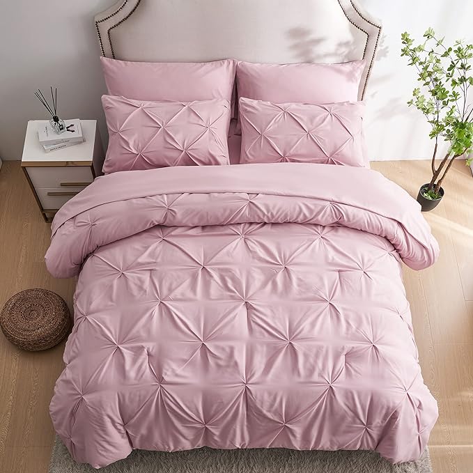 Ubauba 7pc Full Size Comforter Sets with Sheets for Girls, Pinched Pleat 7 Piece Bed in a Bag Blush Bed Set with Comforter, Pintuck All Season Bedding Sets (Pink,Full)