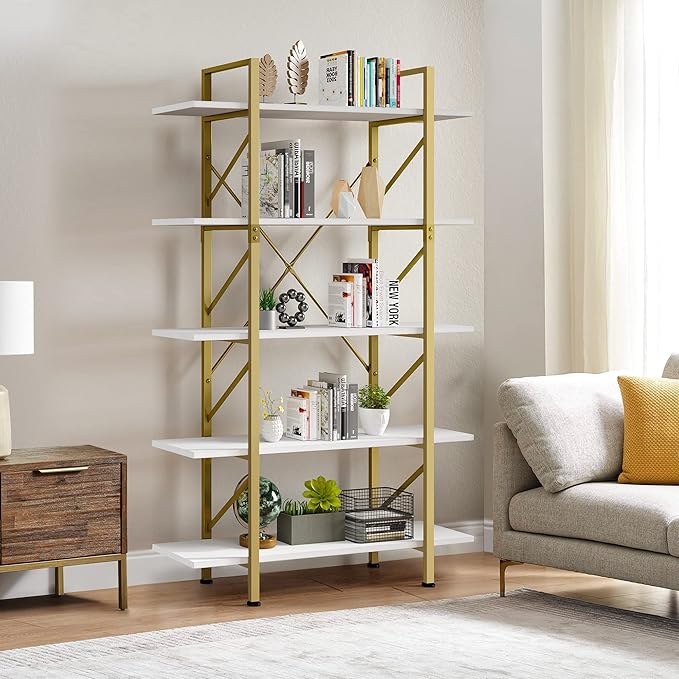 YITAHOME 5 Tier Gold Bookshelf, 70.9" Tall Modern Wide Bookcase, Open Storage Rack Shelves in Living Room/Bedroom/Home/Office, Books Holder Organizer for Books/Plants, Gold & White