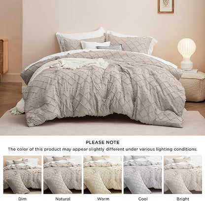Bedsure Queen Comforter Set - Linen Comforter, Boho Tufted Shabby Chic Bedding Comforter Set, 3 Pieces Vintage Farmhouse Bed Set for All Seasons, Fluffy Soft Bedding Set with 2 Pillow Shams