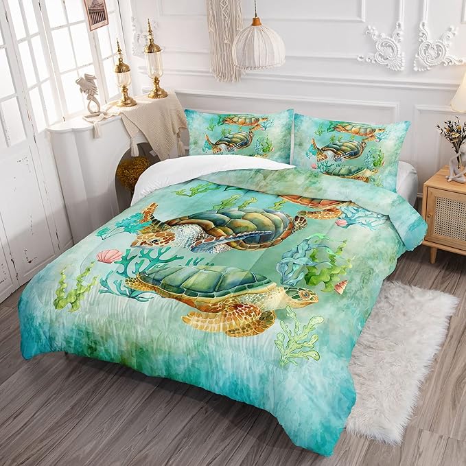 Datura home Sea Turtle Comforter Bedding Set for Kids Teens Adults,Watercolor Sea Turtle Light-Green and Blue Coral Seaweed Ocean Themed Comforter with 2 Pillowcases(Turtle Queen),Green Turtle