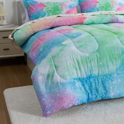 A Nice Night Galaxy Bedding Sets Outer Space Comforter 3D Printed Space Quilt Set Full Size Glitter Pink Green Color,for Children Boy Girl Teen Kids