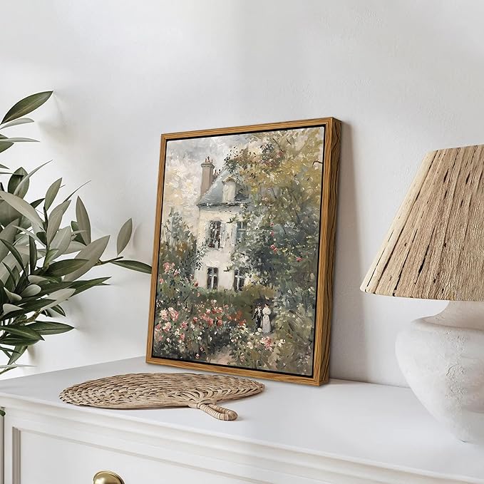 Floating Framed Canvas Vintage Wall Art, Neutral English Cottage Rose Garden Oil Paintings Print, Spring Pictures Wall Decor for Living Room Hallway Bedroom Office Rustic Decor 8x10 inch