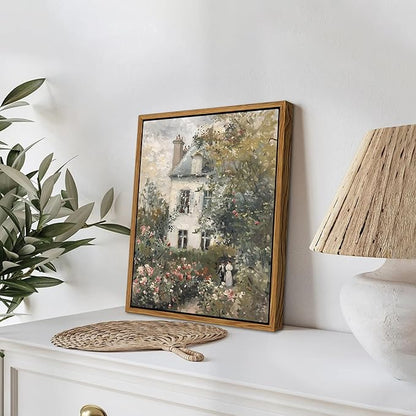 Floating Framed Canvas Vintage Wall Art, Neutral English Cottage Rose Garden Oil Paintings Print, Spring Pictures Wall Decor for Living Room Hallway Bedroom Office Rustic Decor 8x10 inch