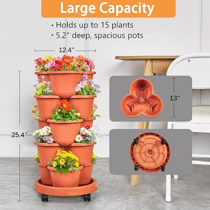 VECELO 5 Tier Vertical Garden Planter, Self Watering Stackable Planters with Wheels for Strawberries, Herbs, Flowers, Vegetables, Red