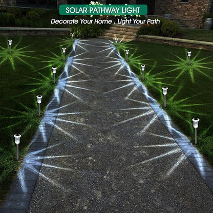 Solar Outdoor Lights, 10 Pack Waterproof Stainless Steel Solar Stake Lights for Pathway Garden Yard Path Walkway Driveway Lawn Patio Outside Decor, Cool White