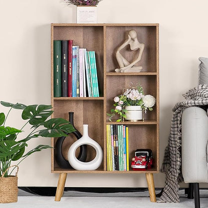 5 Cube Small Bookshelf,3 Tier Mid-Century Modern Bookcase with Legs,Wood Kids Bookshelves Storage Organizer Shelf,Free Standing Narrow Book Shelves,Oak Grey Corner Bookcases for Bedroom,Living Room