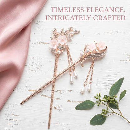 2 Pcs Rhinestone Pearl Flower Hair Stick Chinese Hair Chopsticks Vintage Tassel Hair Pin Chignon Pin Hair Styling Making Accessories for Women