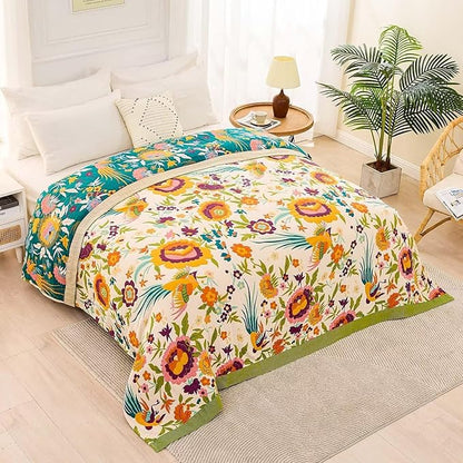 Boho Throw Blanket for Bed, 100% Cotton Soft Rustic Quilt Fall Blanket, 60"x80" Floral Printed Farmhouse Decor Bed Blankets, All Season Rustic Reversible Bohemian Throw Quilt