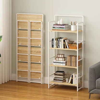 4NM No-Assembly 4 Tiers Folding Bookshelf Storage Shelves Vintage Bookcase Standing Racks Study Organizer Home Office (Natural and White)