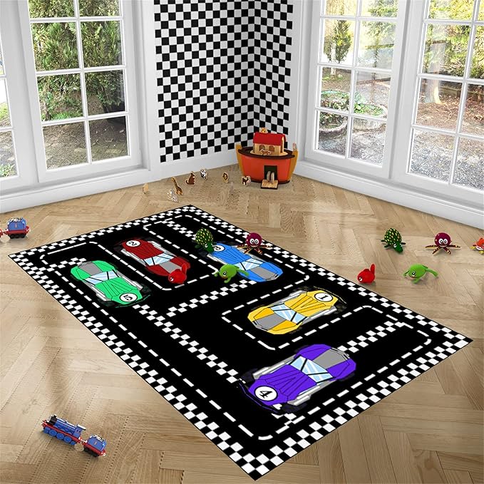 Car Rug Race Car Rug Car Track Rugs for Boys Race Track Carpet Race Car Track Rug Car Rug for Boys Room Car Rug Play Mat Car Carpet for Kids Rugs for Boys Bedroom,Black 2'5''×4'