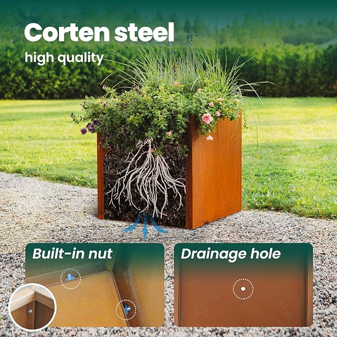 Corten Steel Planter Box Metal Outdoor Large Rectangular Rustic Durable Antique Detached for Commercial Residential Patio Deck and Backyard 17" x 17" x 18"