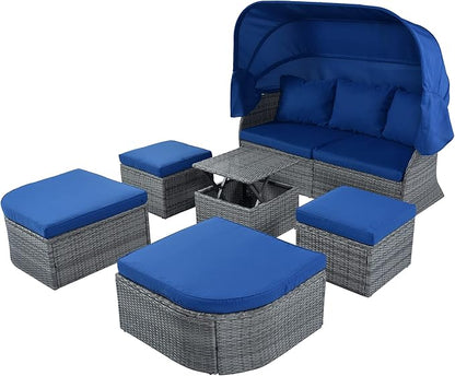 Rectangle Furniture Daybed Sunbed with Retractable Canopy, Outdoor Wicker Conversation Set with Cushions for Patio, Backyard, Porch, Garden, Onesize, Bb-Blue