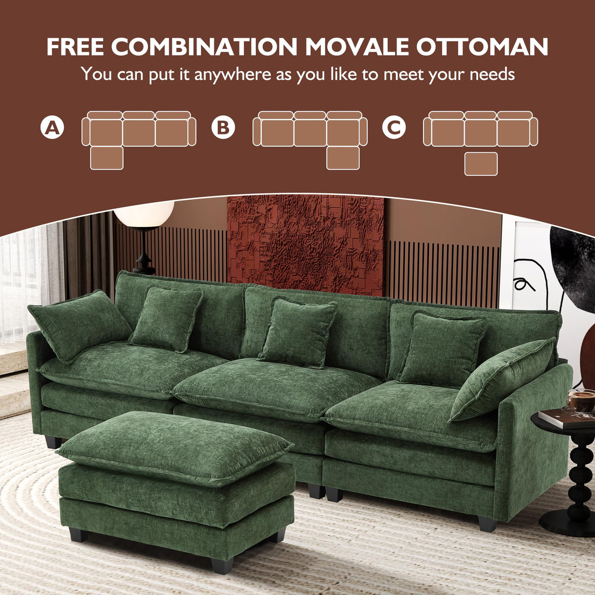 Ihanherry 111.4" L Shaped Modern Sofa Modular Sectional Cloud Couch with Ottoman, 4-Seat Chenille Deep Seat Sofa with Pillow for Living Room, Bedroom and Apartment, Beige