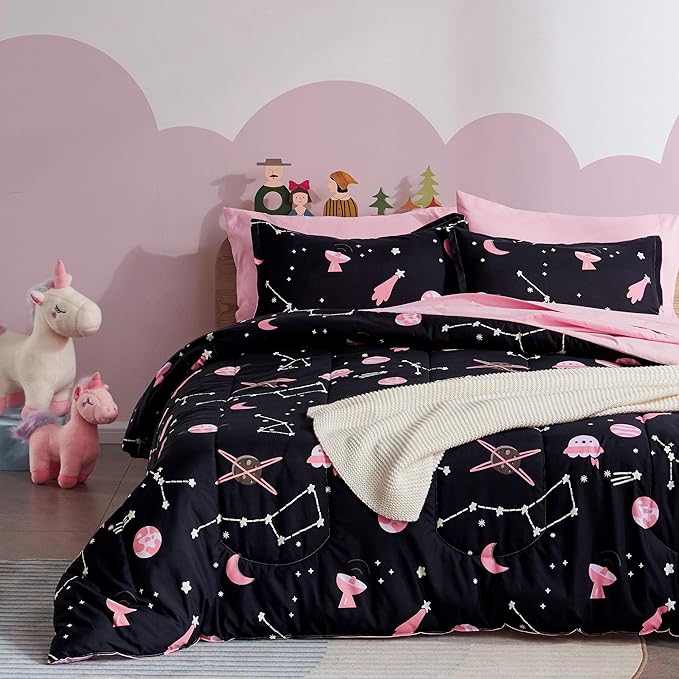 SLEEP ZONE Kids Bedding Comforter Set Full/Queen Size - Super Soft & Cute Printed 3-Piece Comforter Set All Seasons for Boys, Girls, Fade Resistant, Machine Washable, Pink Galaxy