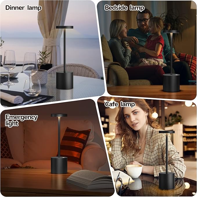 Cordless Table Lamp, Rechargeable LED Battery 5000mAh Metal USB Portable Powered Desk Lamp, 3 Levels Brightness Light for Restaurants Outdoor (10.25in Black)