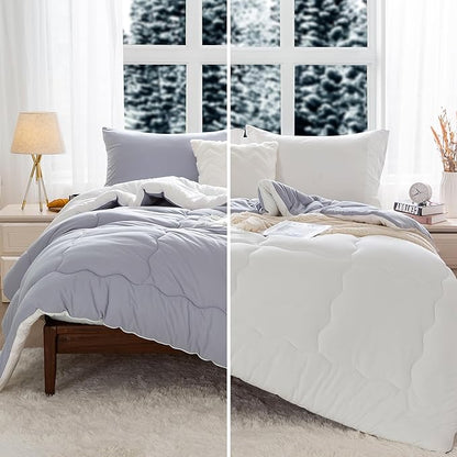 COTTEBED Grey White Warm Reversible Comforter Sets King Size Bed, Winter Milk Cup Super Soft Breathable Fluffy 1 Bedding Down Alternative Comrter & 2 Pillowcase California Cal/King