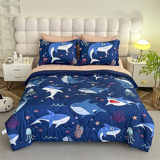 Boys Sharks Comforter Set Full Size 7 Piece Cute Ocean Animal Jellyfish 3D Printed Bedding Set Bed in A Bag for Kids Girls Teens Lightweight Soft Bed Set All Seasons Navy Blue