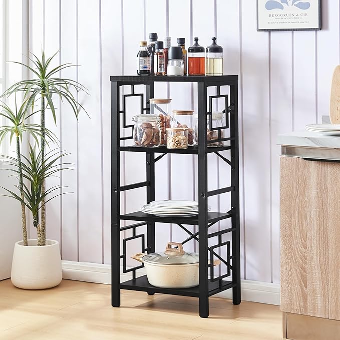 Bookshelf, Vintage Industrial 4 Tier Bookshelf, Freestanding Narrow Bookcase with Rustic Wood and Metal, Small Bookshelf for Home Office, Bedroom & Living Room, Black