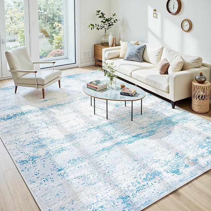 10x14 Washable Area Rug for Living Room Bedroom: Non-Slip Modern Light Blue | Machine Washable TPR Backing, Stain-Resistant Low Pile, Pet & Kid Friendly, Abstract Decor for Dining Room, Dorm, Home Office