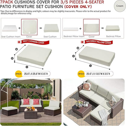 ClawsCover 7Pack Outdoor Seat and Back Cushions Replacement Covers Fit for 3/5 Pieces 4-Seater Wicker Rattan Patio Furniture Conversation Set Sectional Couch,Cream-Large(Include Cover Only)