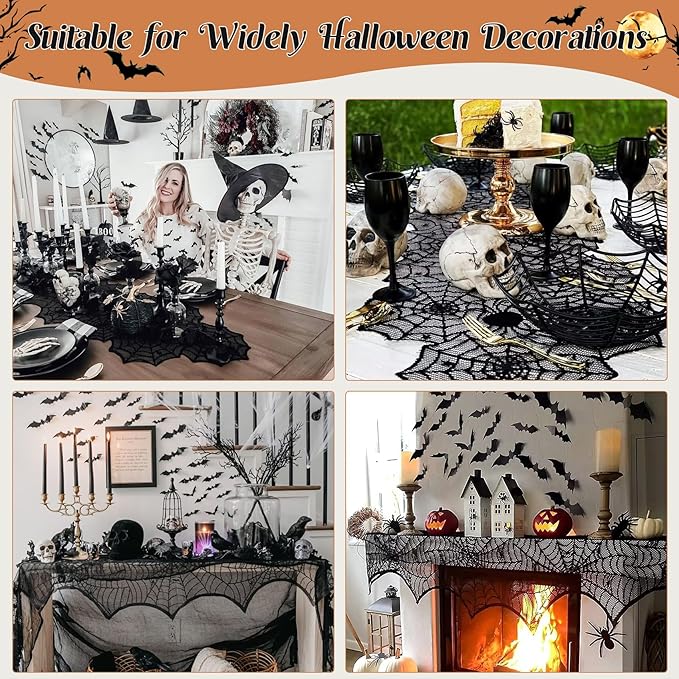 3 Pack Halloween Decorations Sets, Black Lace Spider Webs Table Runner & Halloween Cobweb Fireplace Scarf with 120 pcs 3D Bat for Halloween Indoor Decors Party Supplies