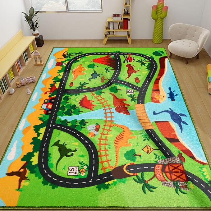 Kids Carpet Playmat Rug,78.7"x59" Dinosaur Car Rugs for Kids Toy Cars,Non Slip Dino Safari Road Map Kids Rug for Playroom Bedroom Boys,Kids Play Mat Road Rug,Track Rug Car Play Carpet for Kids