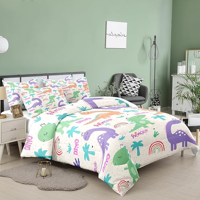 NINENINE Dinosaur Bedding Sets for Girls,Full Size Comforter Sets for Girls,Cute Dinosaur Comforter Sets,Cartoon Comforter Sets for Girls,Girls Bedding Sets with 1 Comforter 2Pillowcases