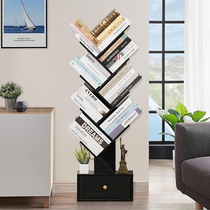 8 Tier Tree Bookshelf with Drawer, Free Standing Wood Bookcase for Living Room, Bedroom, Home Office, Space Saving Storage Organizer Bookshelves for Books, CDs, Vinyl Records- Black