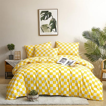 Wellboo Yellow White Plaid Comforter Sets Queen Women Men Yellow and White Checkerboard Grid Bedding Comforters Cotton Boys Girls Modern Bright Yellow Checkered Geometric Quilts Luxury Abstract Bed