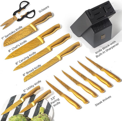 Styled Settings Gold Knives with Etched Leaves Pattern and Sharpener Block | 14-Piece Gold Titanium-Coated Blades with Beautiful Pattern, Ultra-Sharp Stainless Steel, & Stylish Kitchen Knife Block Set