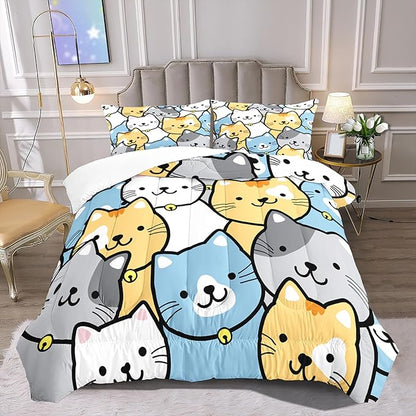 Kids Cat Comforter Set - Cat Comforter - Queen Size Comforter Set for Kids Kawaii Cat Bedding Set Cartoon Cats Print Bedding Sets for Girls Kids Cute Cat Quilt Sets with 2 Pillowcases
