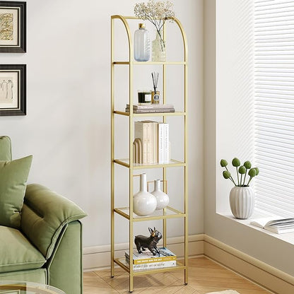 Bookcase Bookshelf, Tempered Glass Arched Bookshelf for More Storage, Slim Shelving Unit for Bedroom, Bathroom, Home Office, Steel Frame, 5 Tier Gold BC20599G
