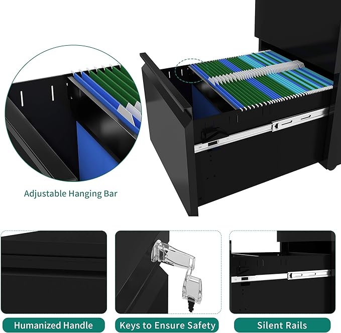 YITAHOME 3-Drawer Mobile File Cabinet with Lock, Office Storage Filing Cabinet for Legal/Letter Size, Pre-Assembled Metal File Cabinet Except Wheels Under Desk -Black