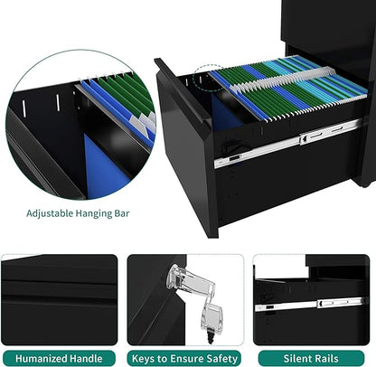 YITAHOME 3-Drawer Mobile File Cabinet with Lock, Office Storage Filing Cabinet for Legal/Letter Size, Pre-Assembled Metal File Cabinet Except Wheels Under Desk -Black
