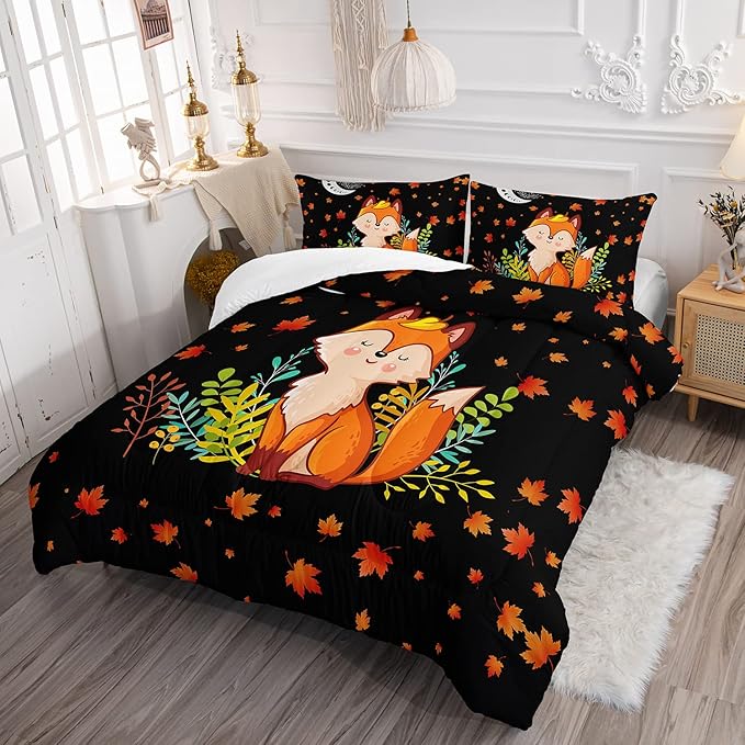 Cartoon Fox Comforter Set 3-Pieces Cute Fox Bedding Set Moon Plants Leaves Printed Quilt Set for Kids Boys Girls with 2 Pillowcases Full