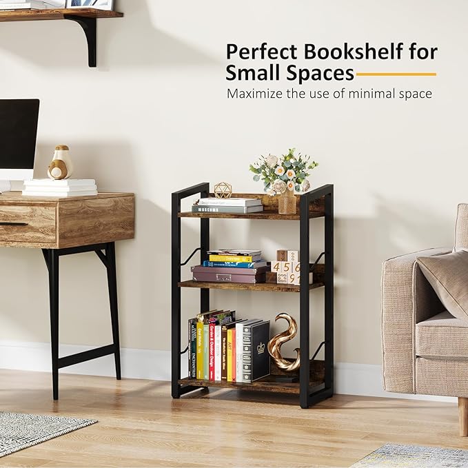 Book Shelf Small Bookshelf: 3-Tier Wood Bookcase Industrial Bookshelf with Edge Protection Metal Narrow Bookshelves Storage Organizer Display Rack for Bedroom Home Office (Rustic Brown)