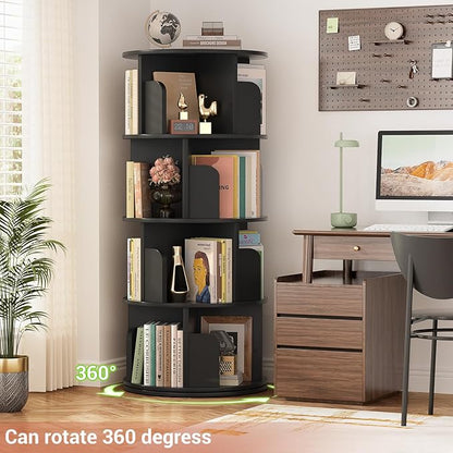 Rotating Bookshelf, Wood Corner Bookshelf, 360 Display Spinning Bookcase Storage Rack, 4 Tier Floor Standing Revolving Bookcase Narrow Book Shelf Organizer for Small Space, Bedroom, Black