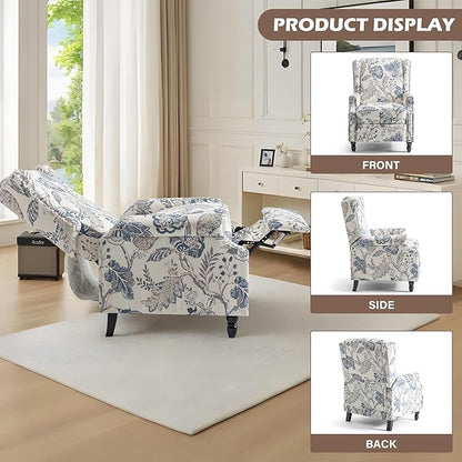 UIXE Pushback Recliner Chair, Push Back Accent Chair Fabric Upholstered Armchair for Living Room, Rivet Trim Home Theater Single Sofa Bedroom Reading Seat - Blue Plants
