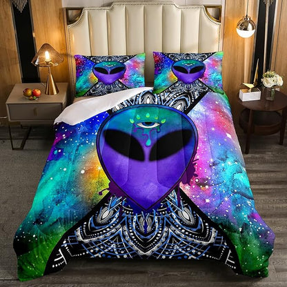 Trippy Alien Comforter Set Queen Galaxy Hippie Bedding Set for Kids Boys Teens Trippy Room Decor, Outer Space Solar System Duvet Sets Boho Psychedelic Tie Dye Down Comforter with 2 Pillow Cases