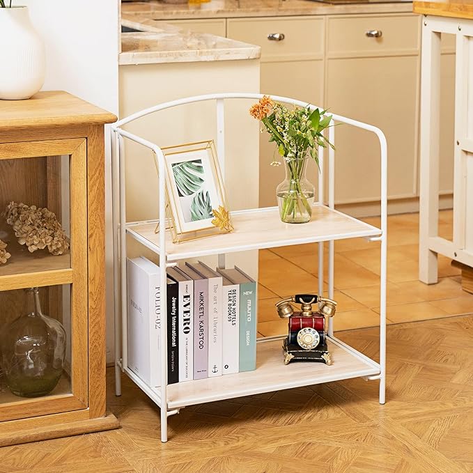 No Assembly Folding Bookshelf for Living Room, 2 Tier White Collapsible Book Shelf for Home Office, Portable Bookcase Storage Organizer