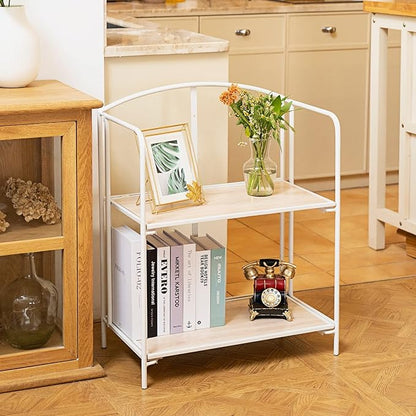 No Assembly Folding Bookshelf for Living Room, 2 Tier White Collapsible Book Shelf for Home Office, Portable Bookcase Storage Organizer