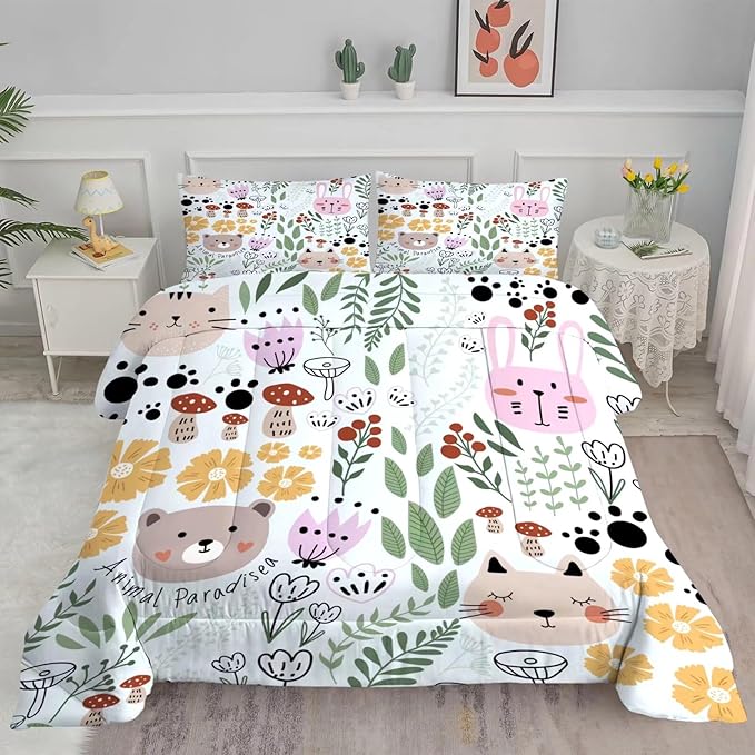 Cartoon Cat Comforter Set Queen Size Floral Bedding for Teen Girls Boys Women Green Animals Print Bedroom Quilt 1 Comforter + 2 Pillow Cases