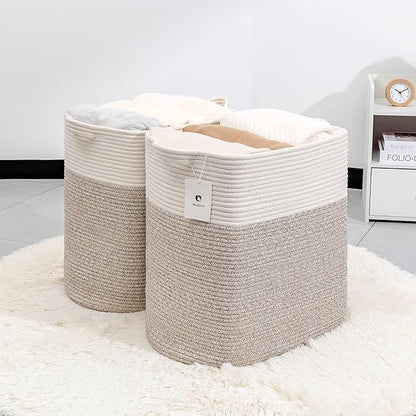 Toy Storage Baskets for Clothes Fabric Cotton Rope Storage Basket with Handles, Decorative Woven Basket for Living Room,Closet Organizer Blankets, and Toys (White Brown 2bags)