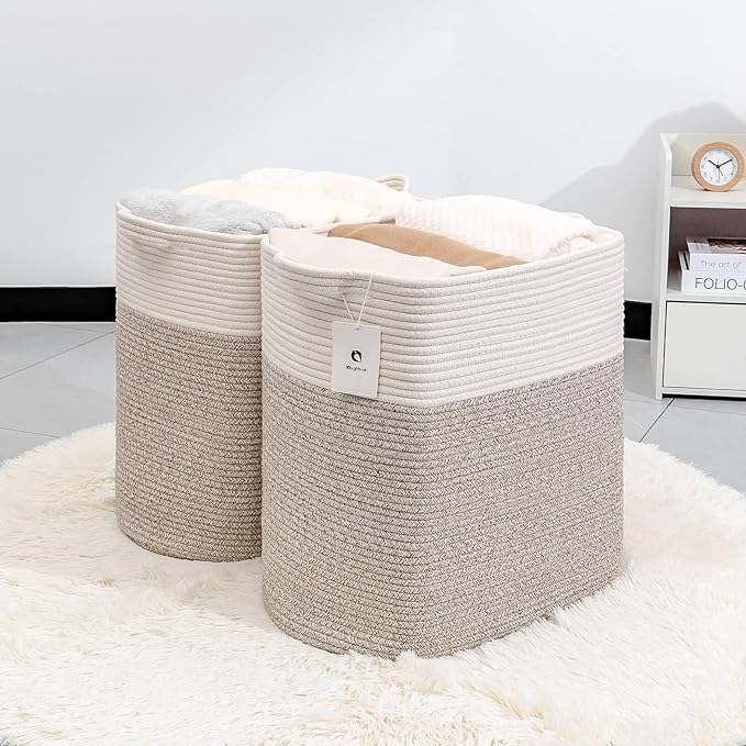 Extra Large Tall Basket Folding Bamboo Rectangle Handle Bins With Handle, Bathroom Dirty Clothes Basket, Bedroom, Toy, Pillows, Closet Organizer White Brown Collapsible Laundry Baskets