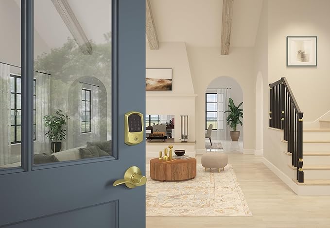 Schlage Encode Smart WiFi Deadbolt Lock for Front Door - Keyless Entry with App or Touchscreen - Works with Alexa, Apple HomeKit, Hey Google, & Airbnb - Create Codes for Guests - Satin Brass Gold