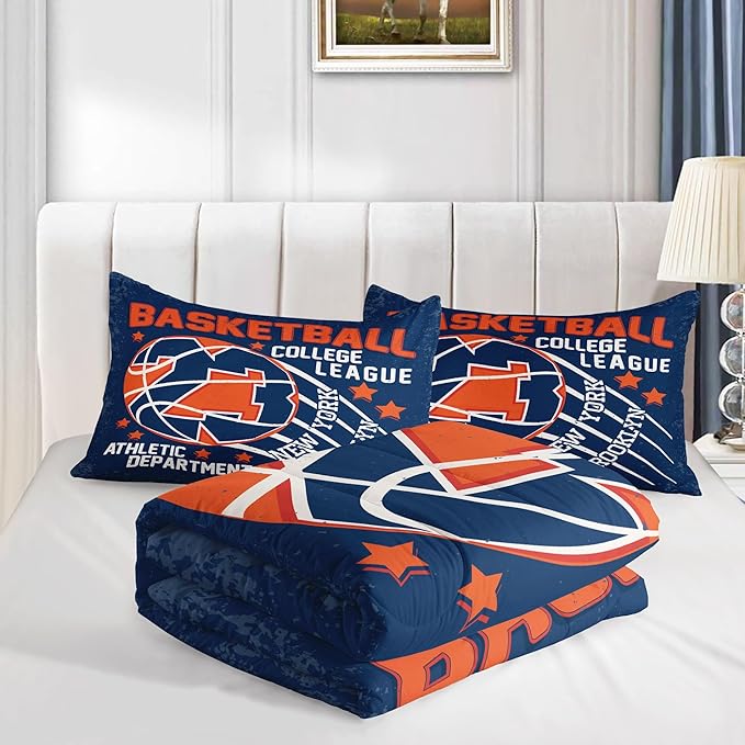 Datura home Basketball Comforter Sets for Boys Kids,Orange Blue Theme Basketball Championship American Style,Duvet 3Pcs in Quilt Sets with 1 Comforter and 2 Pillowcases(Orange Twin)